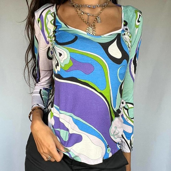Blue/Purple Multicolor Emilio Pucci Psychedelic Longsleeve Top Size XS/S